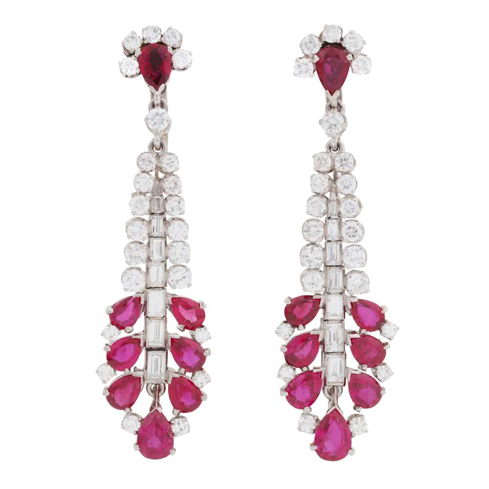 Lot 86 - A pair of ruby and diamond pendent earrings
