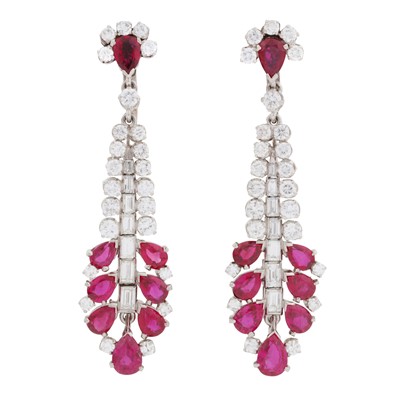 Lot 86 - A pair of ruby and diamond pendent earrings