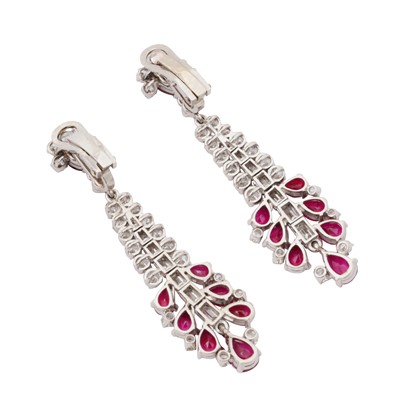 Lot 86 - A pair of ruby and diamond pendent earrings