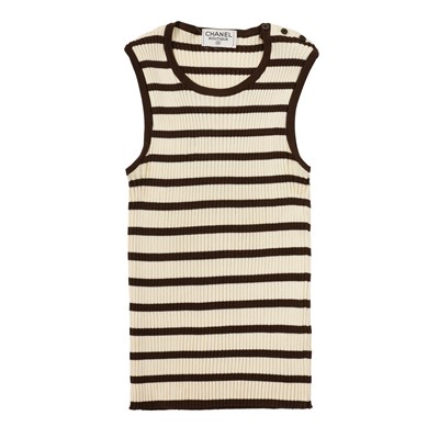 Lot 104 - Chanel Cream Stripe Rib Knit Tank Top - Size 42