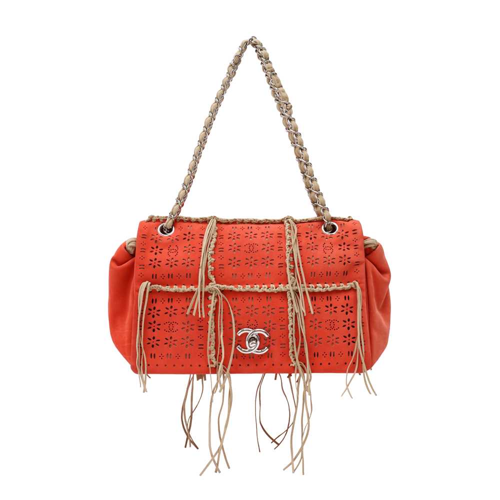 Lot 12 - Chanel Coral Laser Cut Fringe Flap Bag