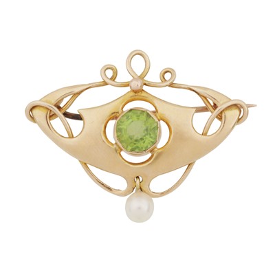 Lot 95 - A peridot and pearl brooch, circa 1900