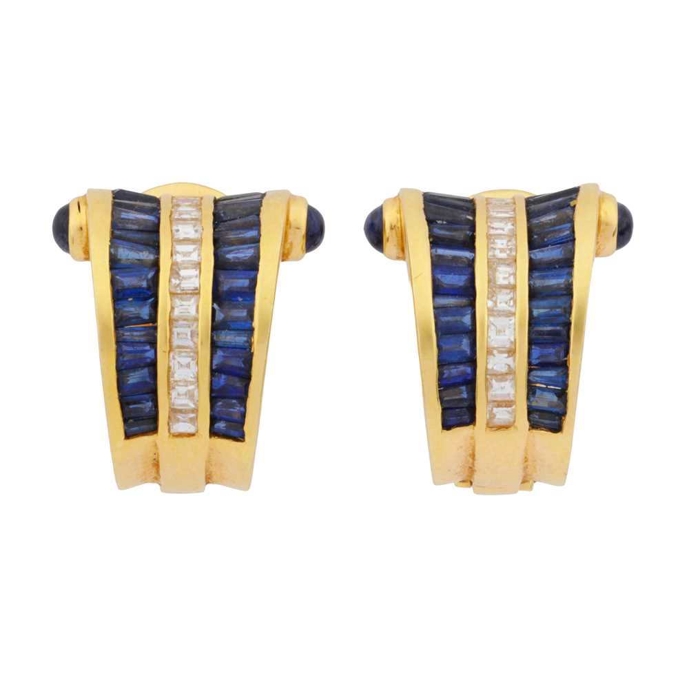 Lot 43 - A pair of diamond and sapphire earrings