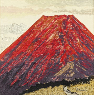 Lot 135 - A Japanese embroidered silk panel of Mount Fuji, signed Tatsamura, 20th century