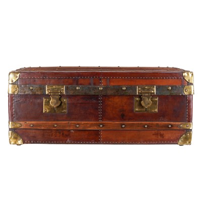 Lot 366 - A French leather and brass bound travel trunk