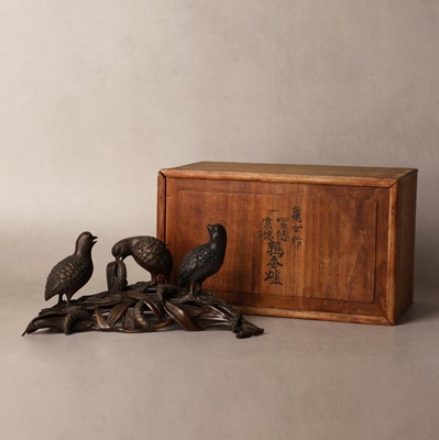 Lot 75 - A Japanese bronze 'quails' incense burner by Tsumura Kamejo (Japanese, d.1772), Edo period, 18th century