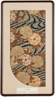 Lot 133 - A Japanese framed 'flora' silk kimono sleeve, Edo period, 18th century