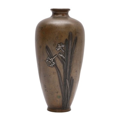 Lot 100 - A small Japanese bronze and mixed-metal vase, Meiji period