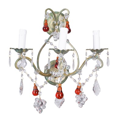 Lot 231 - Christopher Hyde, Britain, A pair of 'Veneto' gilt metal and glass three-light wall applique