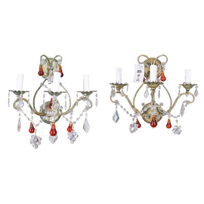 Lot 231 - Christopher Hyde, Britain, A pair of 'Veneto' gilt metal and glass three-light wall applique