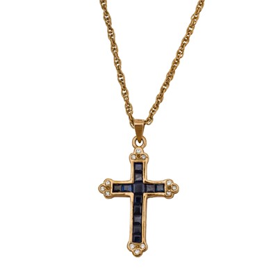 Lot 14 - A sapphire and diamond cross pendant necklace