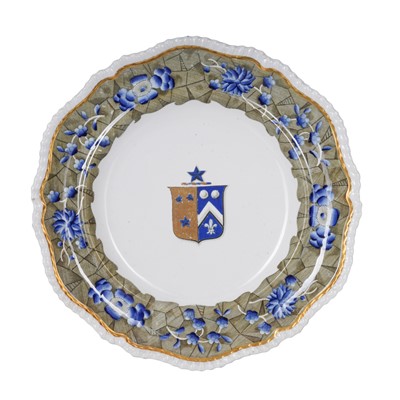 Lot 293 - A set of six special commission Spode Cracked Ice & Prunus pattern crested dinner plates