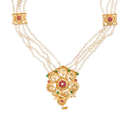 Lot 223 - A pearl and gem-set necklace