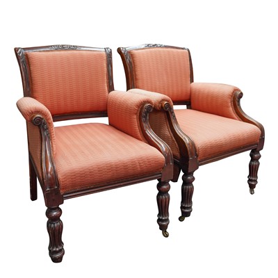 Lot 195 - A pair of William IV or early Victorian mahogany library armchairs