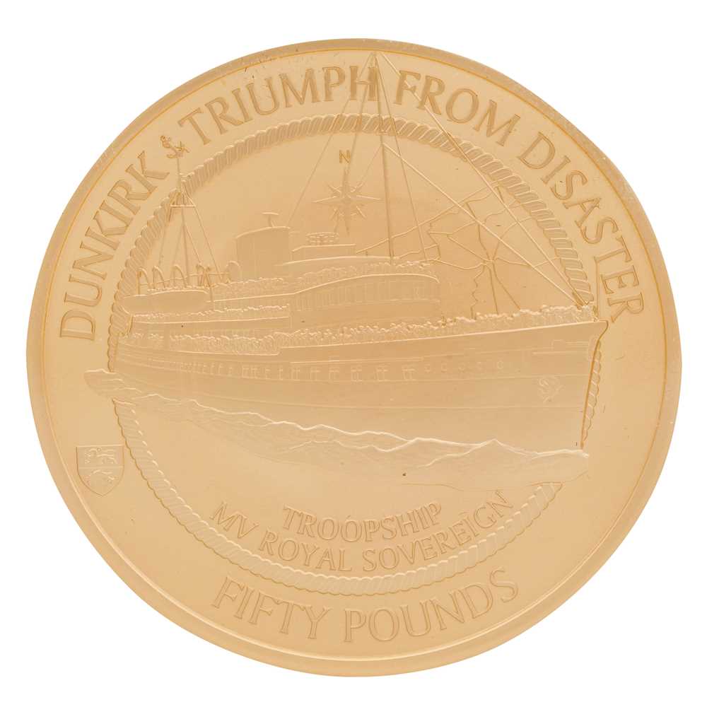 Lot 100 - Five Ounce Fifty Pound Gold Proof Coin Dunkirk 80th Anniversary