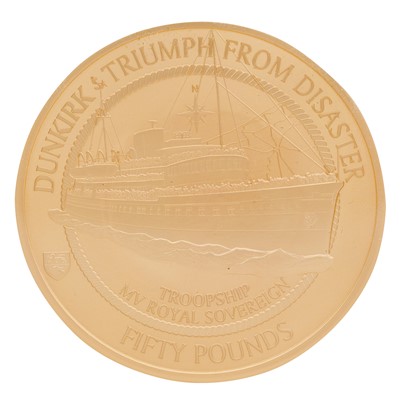 Lot 134 - Five Ounce Fifty Pound Gold Proof Coin Dunkirk 80th Anniversary