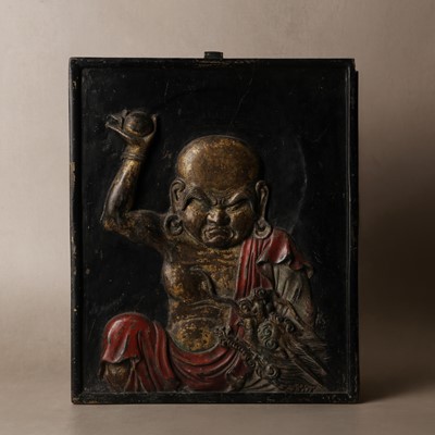 Lot 76 - A Japanese bronze 'Rakan' temple panel, Edo period or earlier