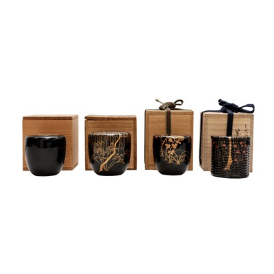 Lot 114 - A group of four Japanese lacquer and maki-e natsume tea caddies, 20th century