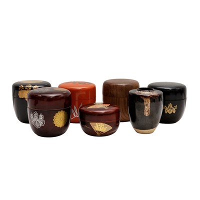 Lot 121 - A group of seven Japanese lacquer and maki-e natsume tea caddies, 20th century