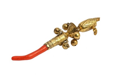 Lot 125 - A George III antique silver gilt baby’s rattle,...