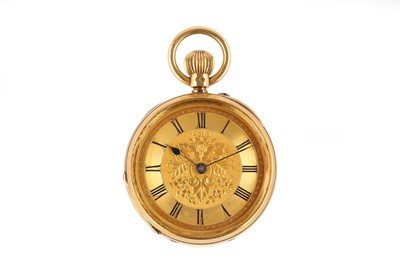 Lot 18 - AN 18K YELLOW GOLD OPEN FACED FOB WATCH. Date:...