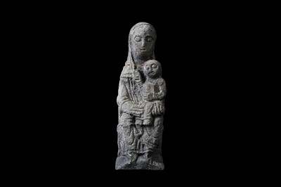 Lot 15 - A CARVED STONE FIGURE OF THE MADONNA AND CHILD,...