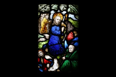 Lot 116 - A LARGE STAINED AND LEADED GLASS WINDOW...