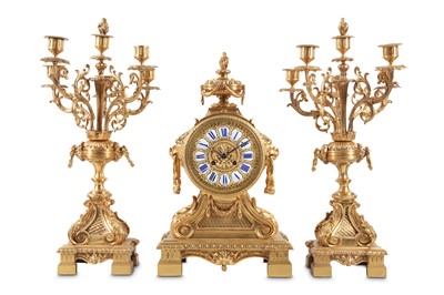 Lot 263 - A LOUIS XVI STYLE GILT BRONZE CLOCK GARNITURE...