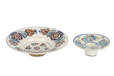 Lot 110 - A KUTAHYA POTTERY CUP HOLDER AND SMALL DISH...
