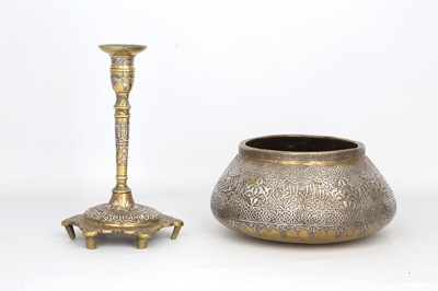 Lot 113 - A MAMLUK-REVIVAL BRASS BOWL AND CANDLESTICK...