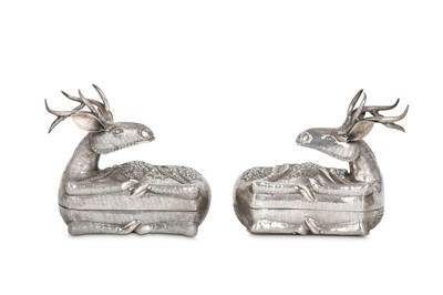 Lot 214 - A PAIR OF REPOUSSÉ DEER-SHAPED SILVER BOXES...