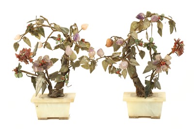 Lot 411 - A PAIR OF HARDSTONE JARDINIERES WITH TREES....