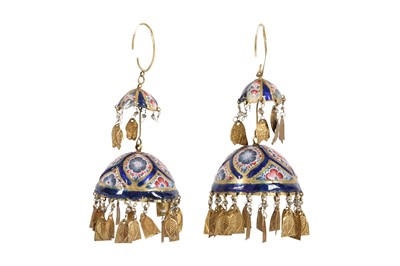Lot 173 - * A PAIR OF QAJAR ENAMELLED GOLD EARRINGS...