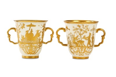 Lot 5 - TWO MEISSEN HAUSMALER TWO-HANDLED BEAKERS,...
