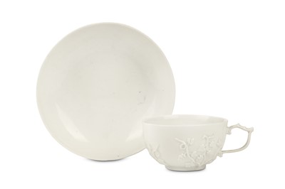 Lot 48 - A MEISSEN WHITE TEACUP AND SAUCER, circa 1745,...