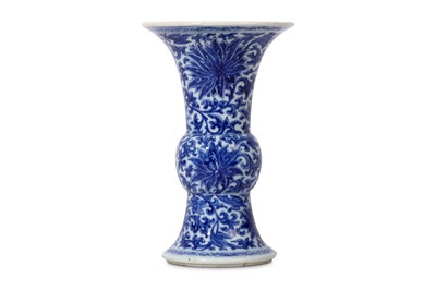Lot 305 - A BLUE AND WHITE ‘LOTUS’ VASE, GU.  Qing...