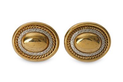 Lot 381 - A pair of oval earrings, of bi-coloured design,...