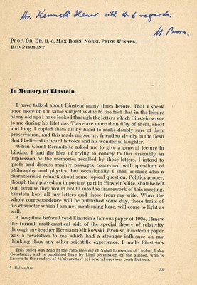 Lot 246 - Born (Max) In Memory of Einstein, offprint and...