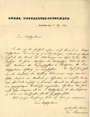 Lot 243 - Berzelius (Jöns Jacob) Autograph letter signed...
