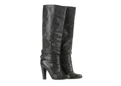 Lot 130 - Chanel Black Knee-High Boots, black crinkled...