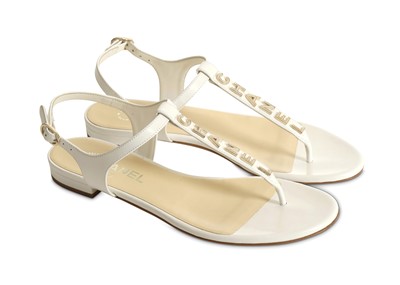 Lot 301 - Chanel White Patent Sandals, c. 2018, gilt and...
