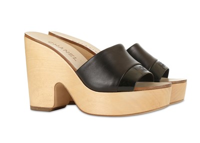 Lot 219 - Chanel Wooden Platform Heels, black leather...