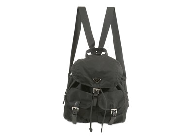 Lot 120 - Prada Black Nylon Backpack, black leather trim...