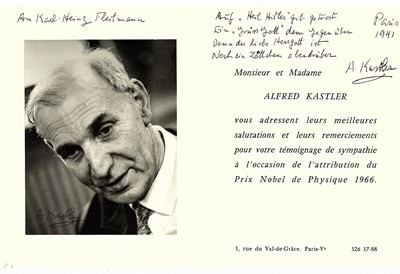 Lot 264 - Kastler (Alfred) Printed invitation card to a...