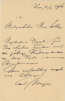 Lot 267 - Menger (Carl) Autograph letter signed (‘Carl...
