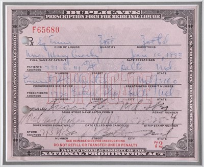 Lot 217 - Prohibition.- Prescription Form for 'Medicinal...