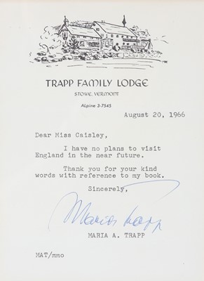 Lot 175 - Trapp (Maria, von) Typed letter signed ('Maria...