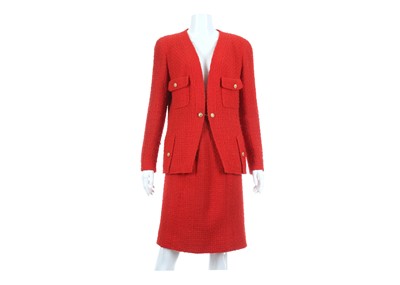 Lot 83 - Chanel Red Tweed Skirt Suit, 1980s, pocket...
