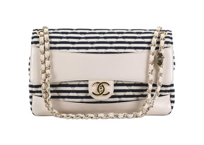 Lot 77 - Chanel Striped Jersey Flap Bag, c. 2014, cream...