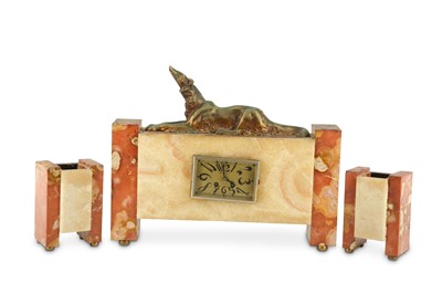 Lot 638 - A French Art Deco marble clock garniture, the...